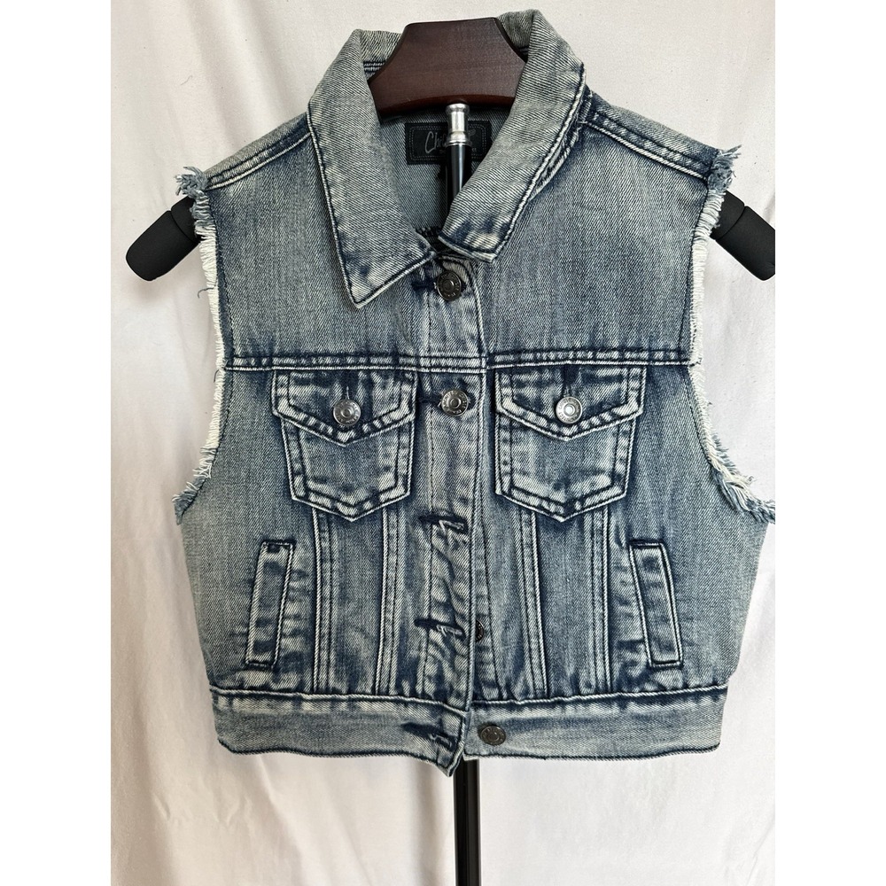 ChiQle Denim Architect Distressed Cropped Denim Vest - Women's Size Small